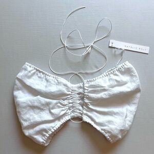 NWT NATALIE ROLT white linen ruched cropped halter neck cropped top